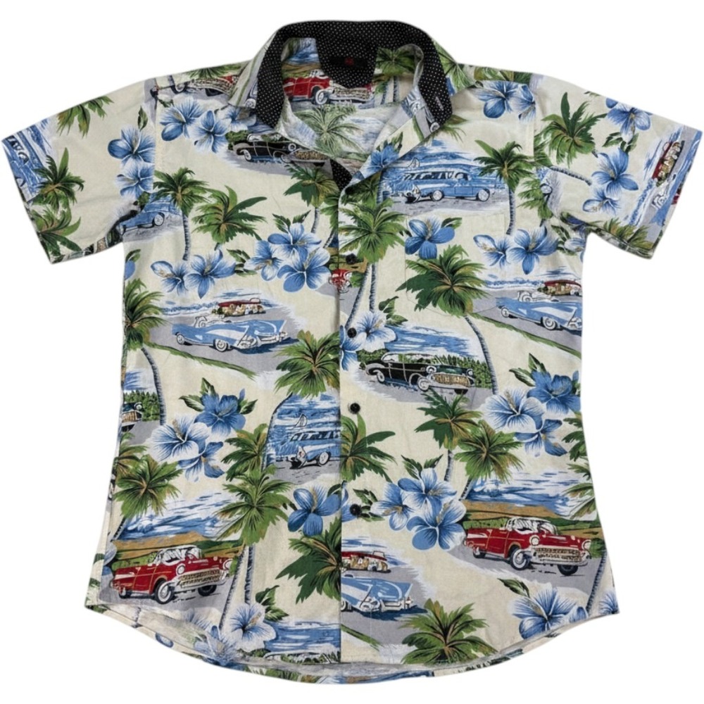 BC Collection Mens Tropical Hawaiian Shirt Large Classic Cars Palm Trees Floral